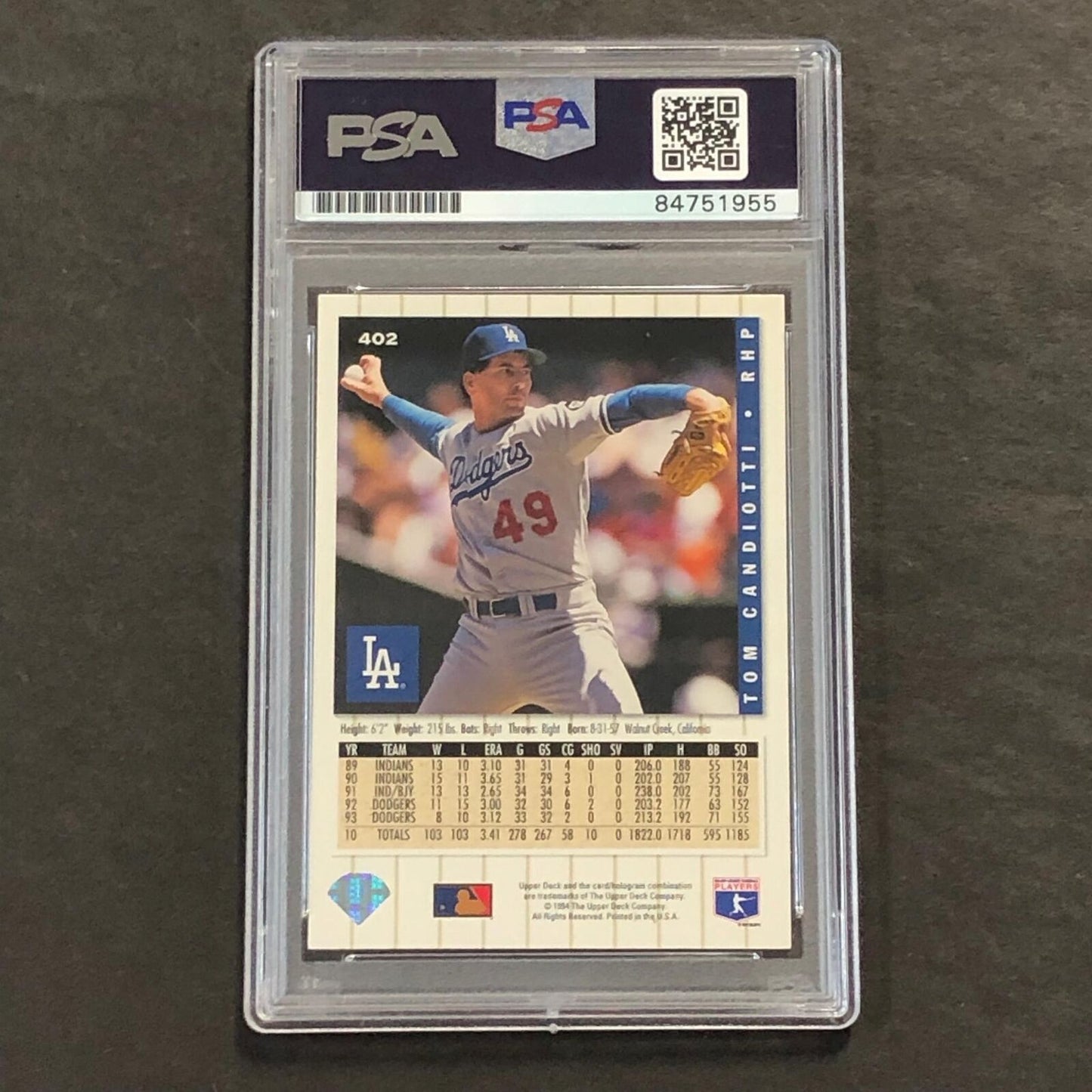 1992-93 Upper Deck #402 Tom Candiotti Signed Card AUTO PSA Slabbed Dodgers