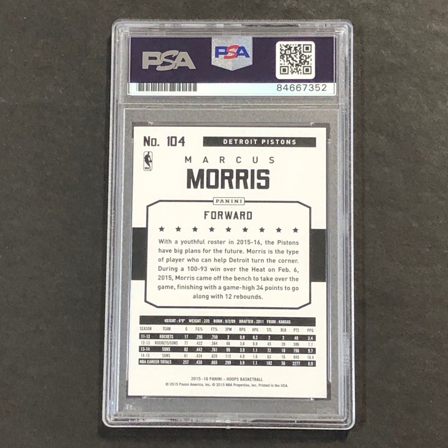 2015-16 NBA Hoops #104 Marcus Morris Signed Card AUTO 10 PSA Slabbed Pistons