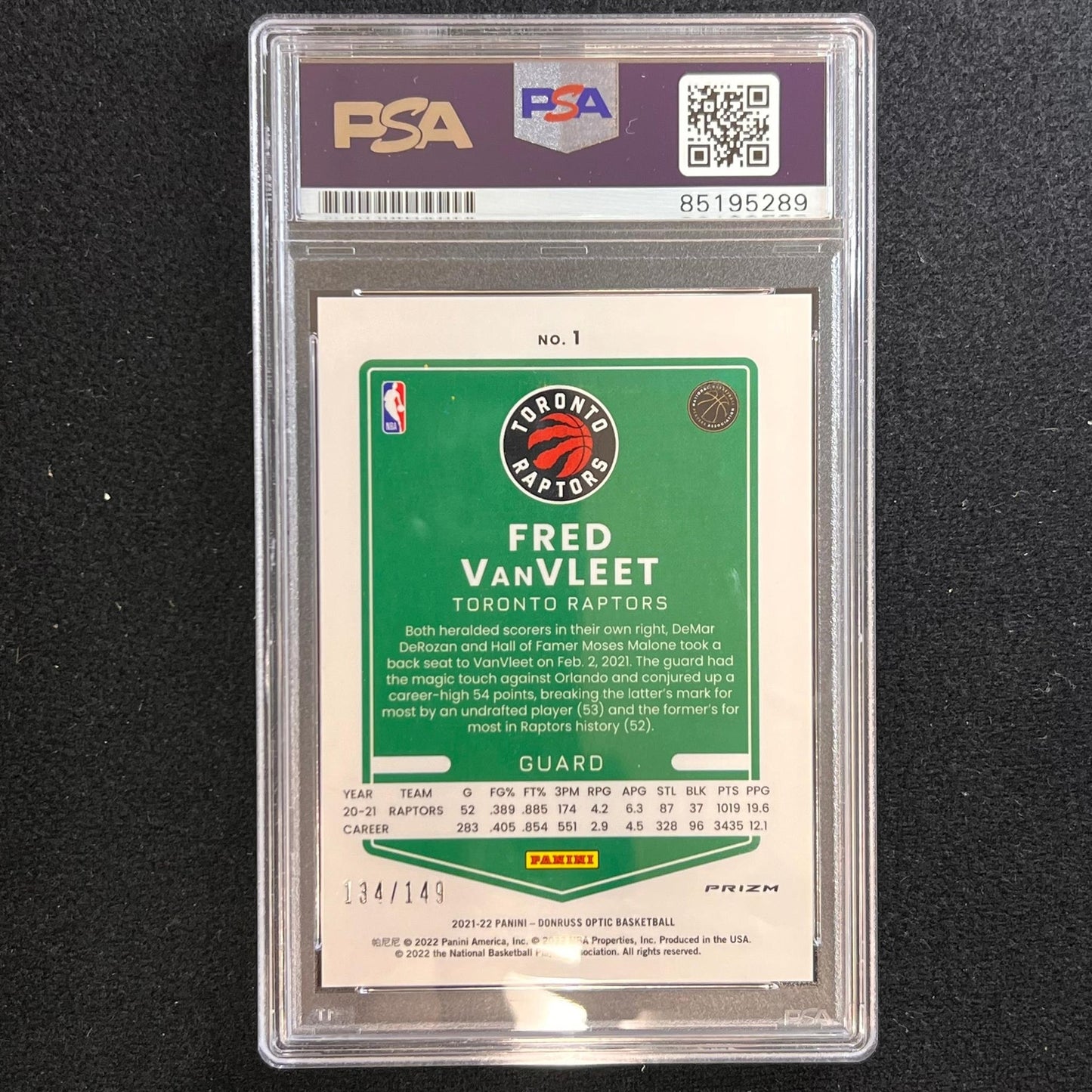 2021-22 Panini Donruss Optic #1 Fred VanVleet Signed Card AUTO PSA Slabbed Rapto