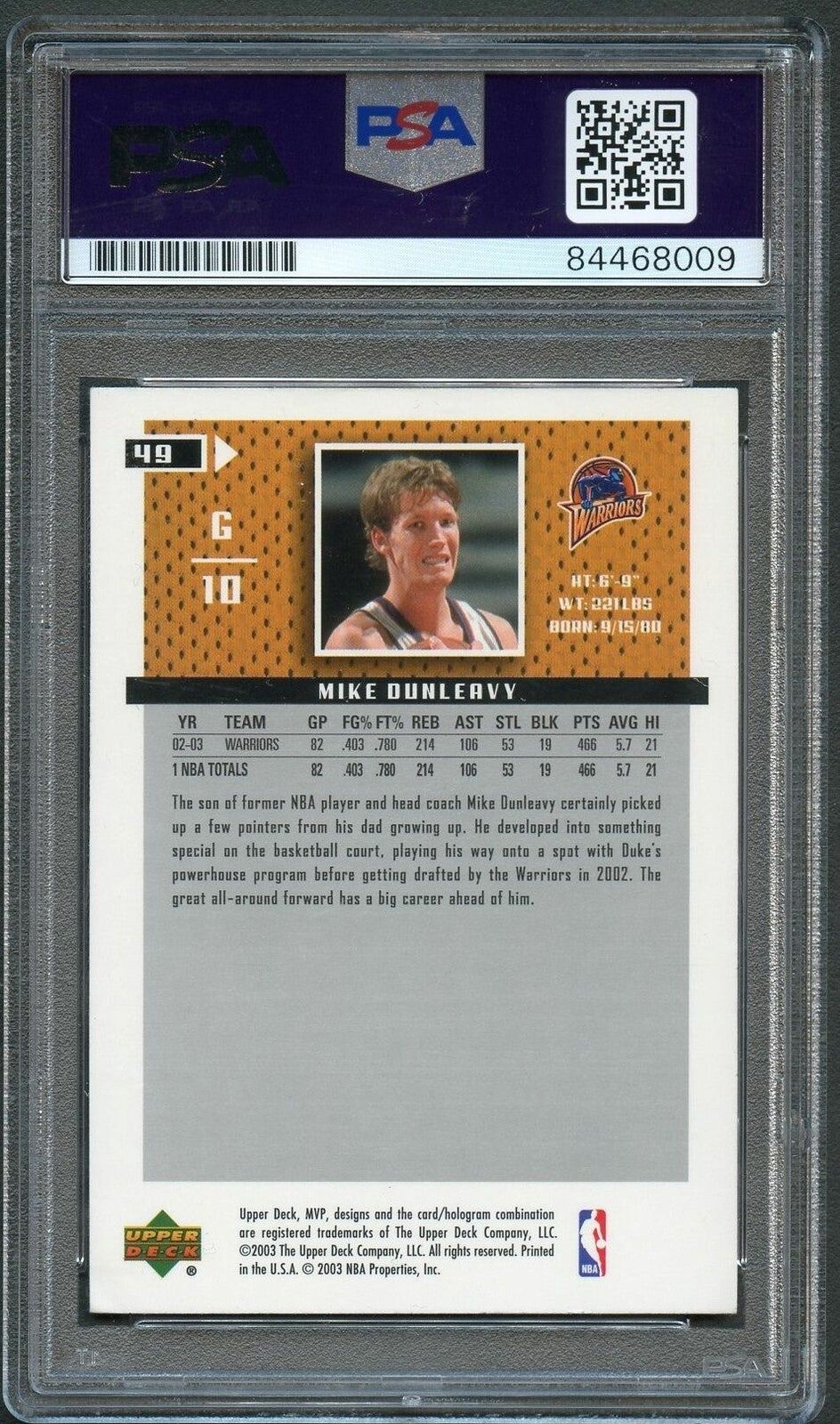 2003-04 Upper Deck MVP #49 Mike Dunleavy Signed Card AUTO PSA Warriors