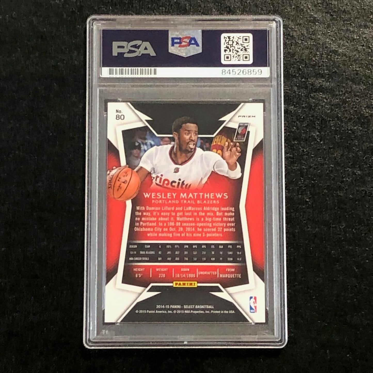 2014-15 Panini Select Silver #80 Wesley Matthews Signed Card AUTO PSA Slabbed Tr