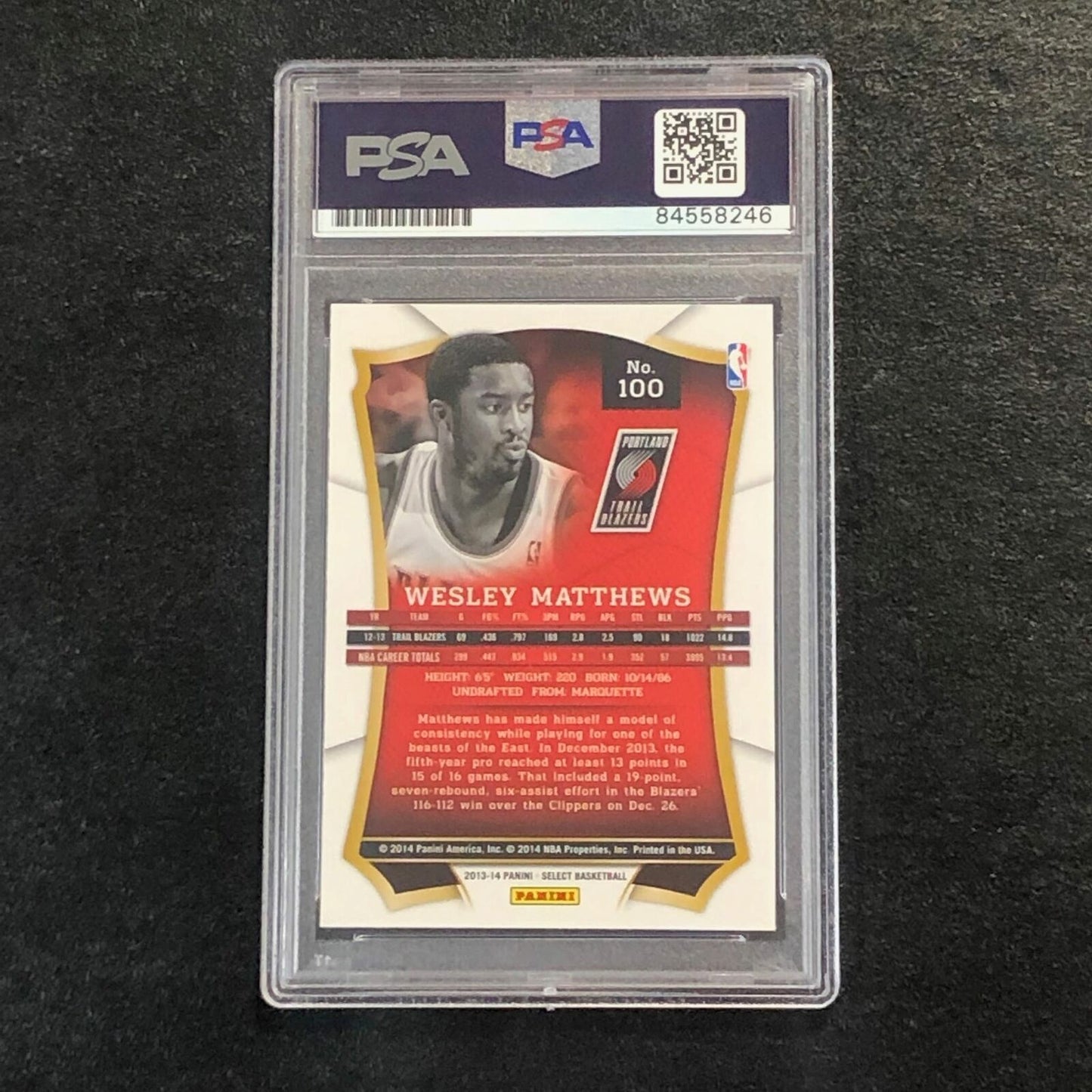 2013-14 Panini Select #100 Wesley Matthews Signed Card AUTO PSA Slabbed Trailbla
