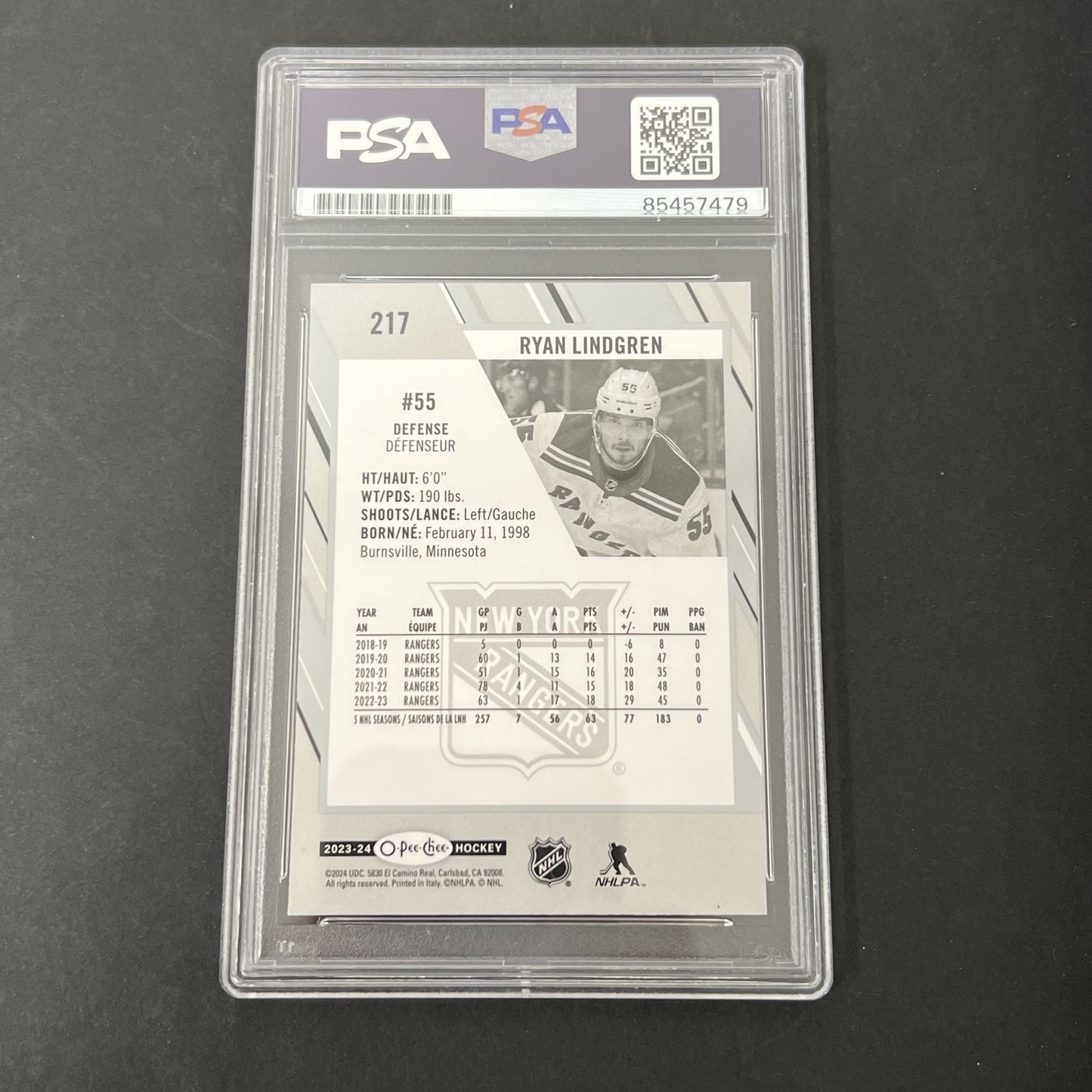 2023-24 O-Pee-Chee #217 Ryan Lindgren signed card PSA Auto 10