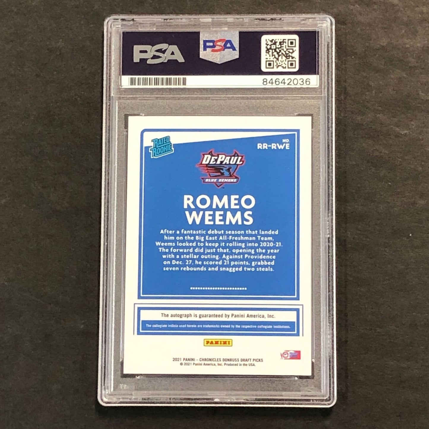 2021-22 Panini Chronicles Draft Picks #RR-RWE Romeo Weems Signed Card AUTO PSA s