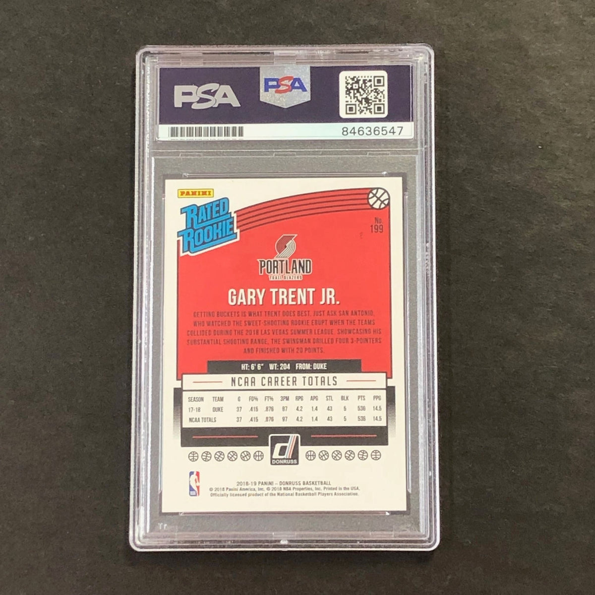 2018-19 Panini Donruss Rated Rookie #199 Gary Trent Jr. Signed Rookie Card AUTO