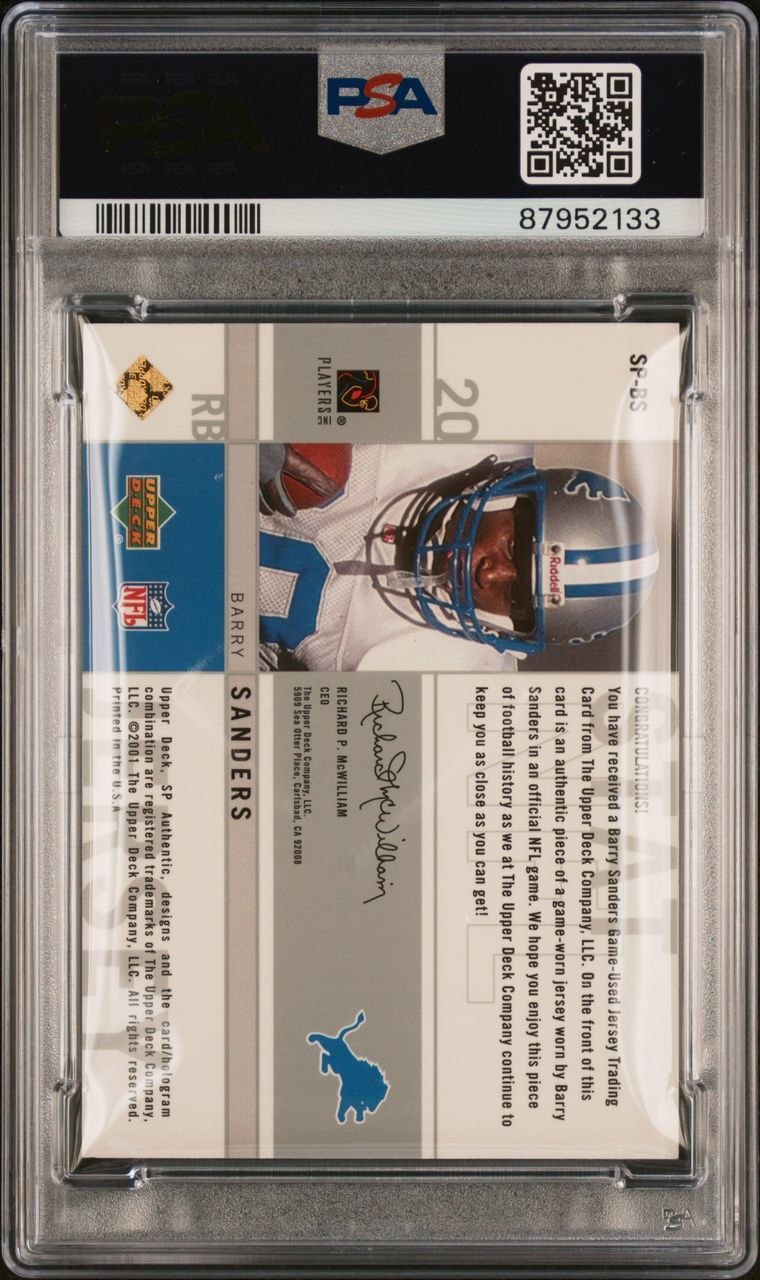 2001 SP Authentic Stat Jerseys #SP-BS Barry Sanders Signed PSA Authentic AUTO 10