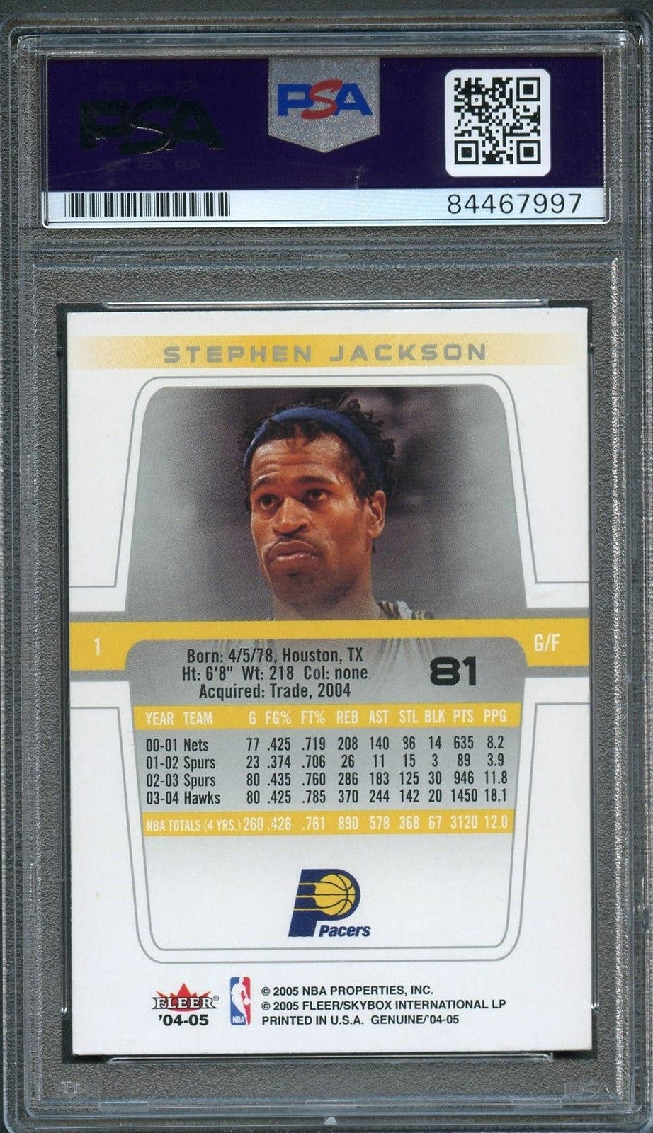 2004-05 Fleer Genuine #81 Stephen Jackson Signed Card AUTO PSA Slabbed Pacers