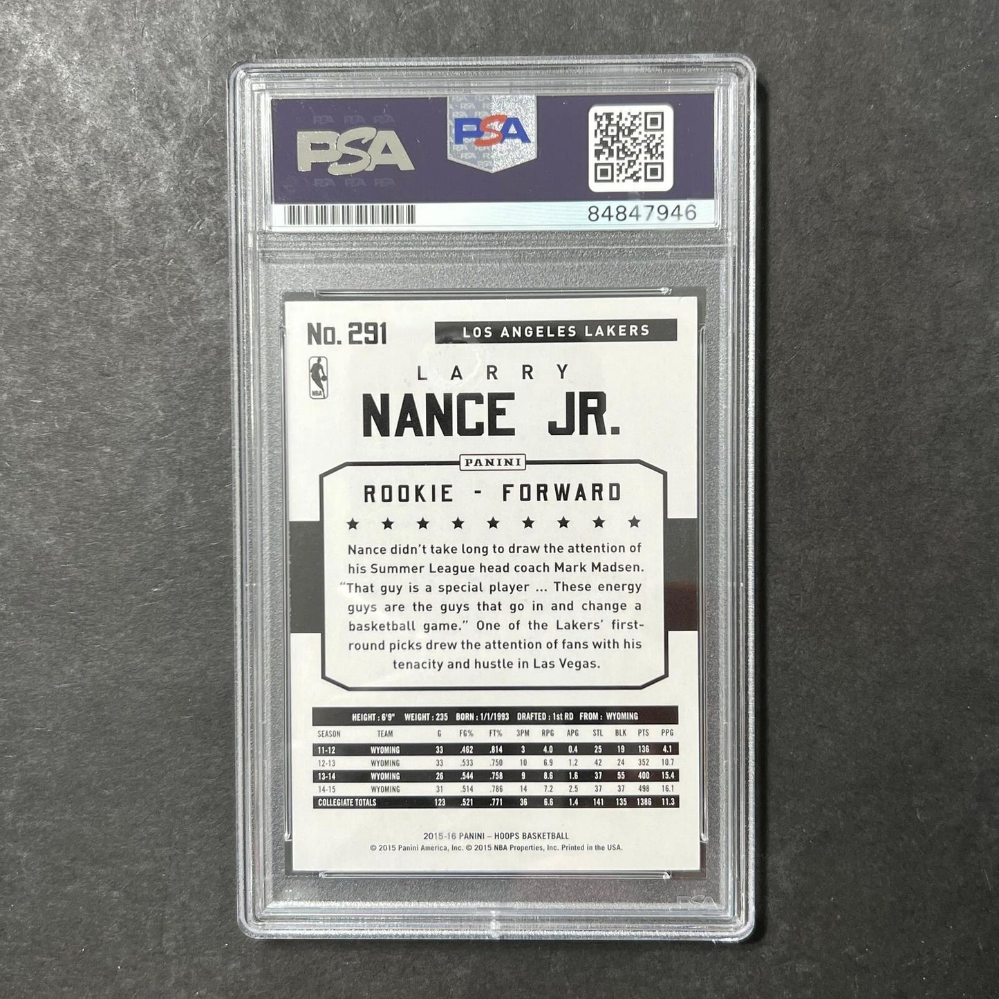 2015-16 NBA Hoops #291 Larry Nance Jr. Signed Card PSA Slabbed Lakers