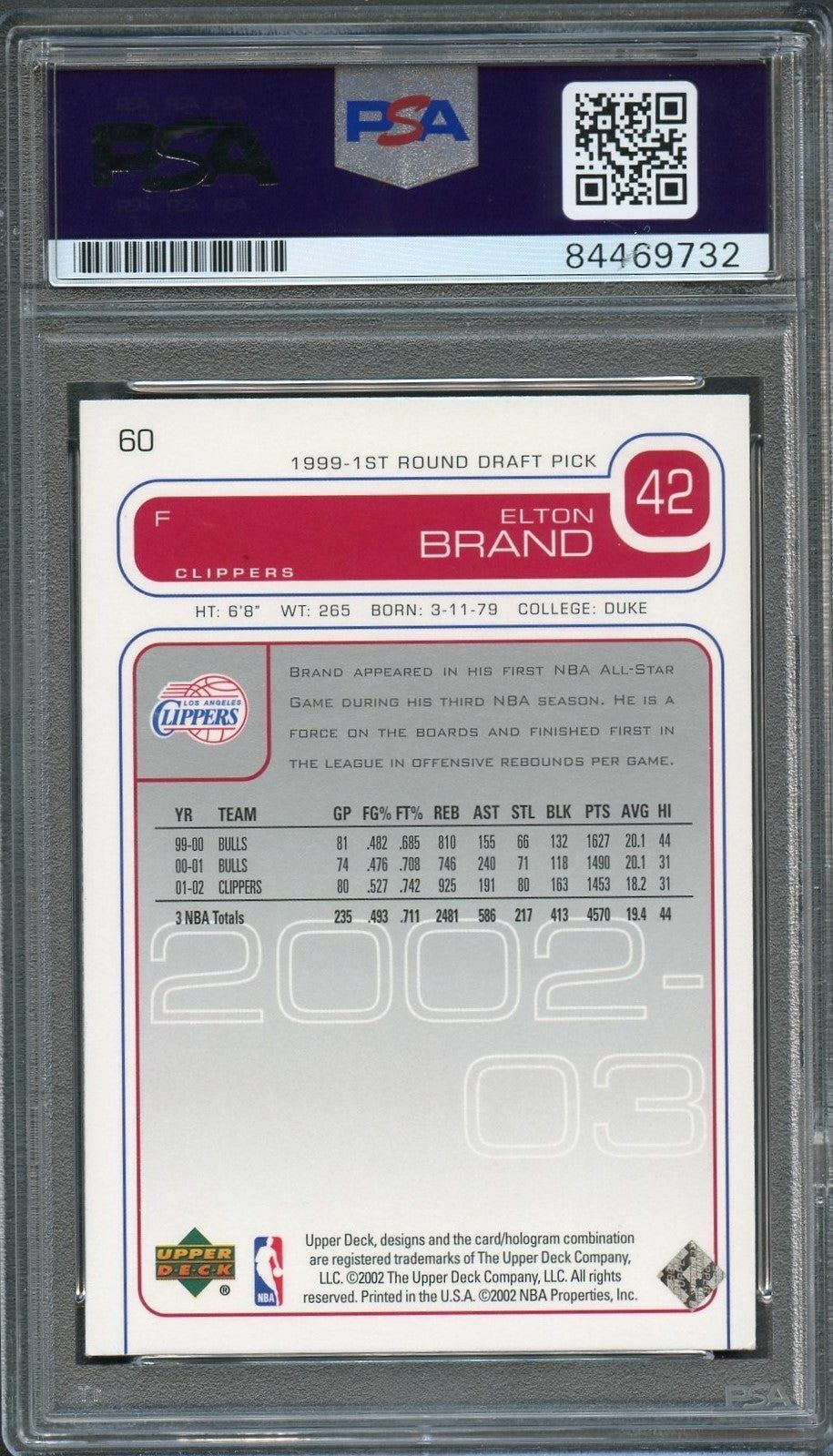 2002-03 Upper Deck #60 Elton Brand Signed Card AUTO PSA Slabbed Clippers