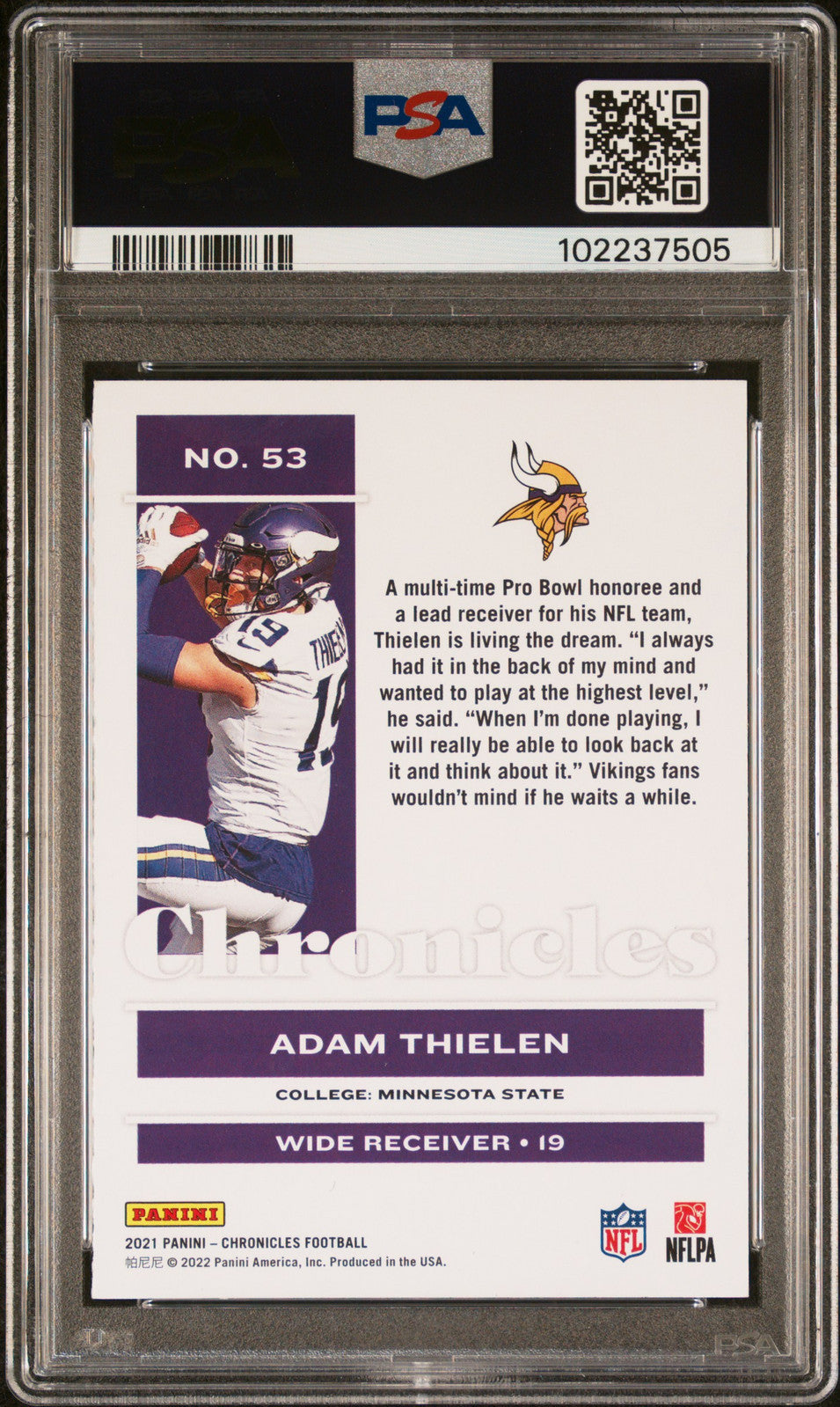 2021 Panini Chronicles #53 Adam Thielen PSA A Auto 10