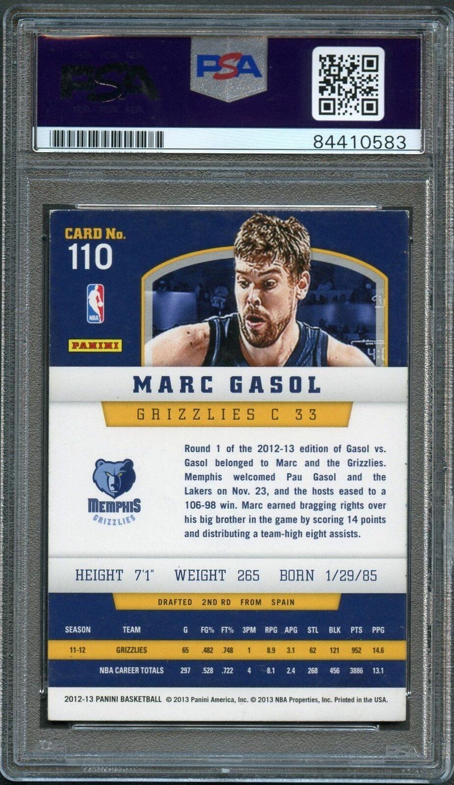 2012-13 Panini Basketball #110 Marc Gasol Signed Card AUTO 10 PSA Slabbed Grizzl