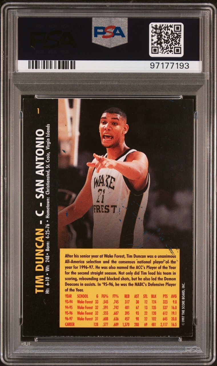 1997 Score Board Basketball Rookies #1 Tim Duncan Signed Card AUTO PSA/DNA Slabb