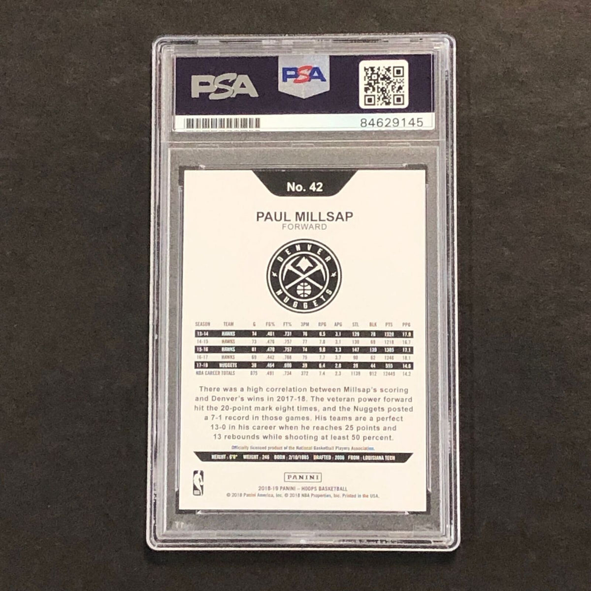 2018-19 Panini Hoops #42 PAUL MILLSAP Signed AUTO 10 PSA Slabbed