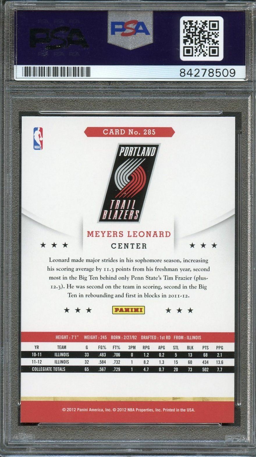 2012 Panini NBA Hoops #285 Meyers Leonard Signed Card AUTO PSA Slabbed Trail Bla