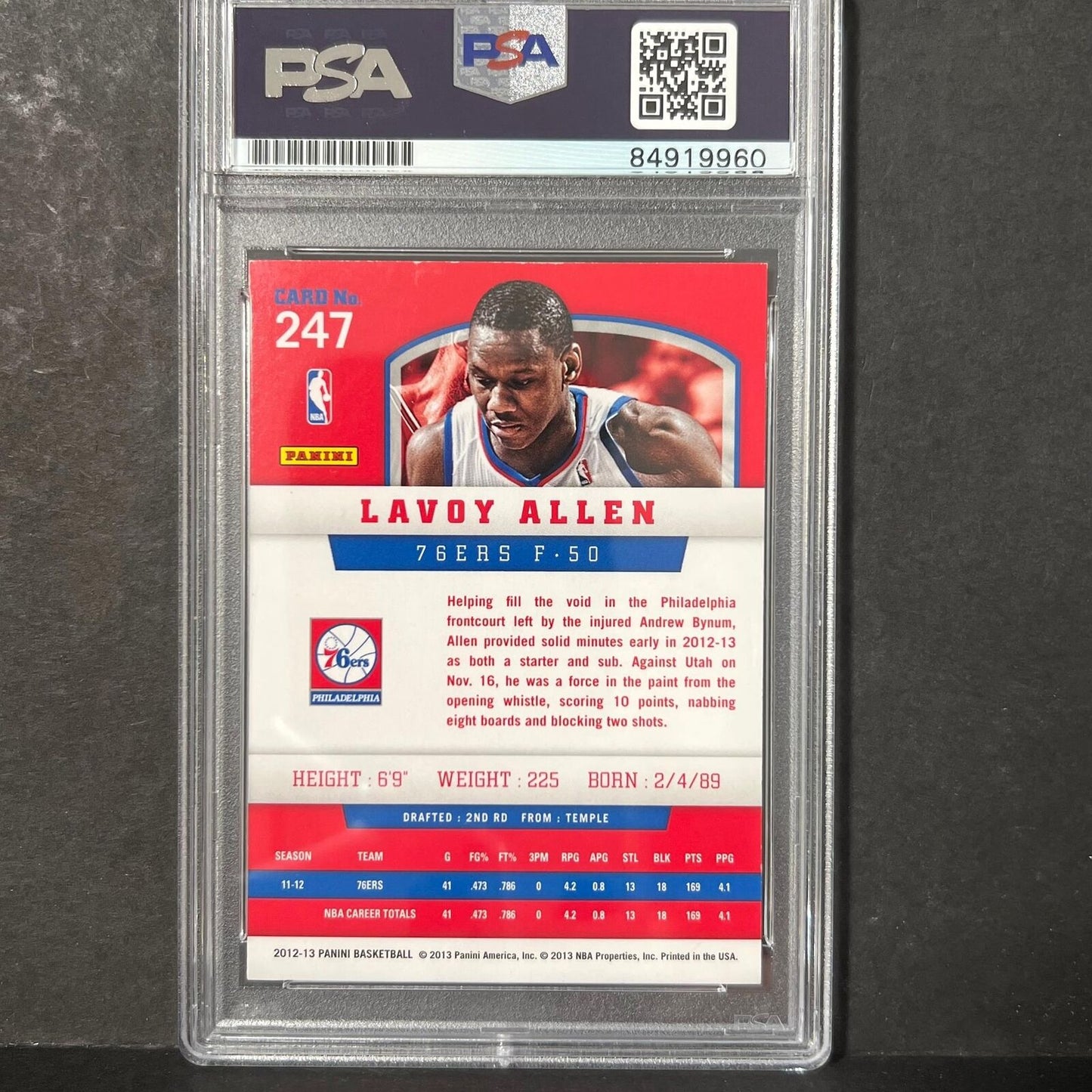 2012-13 PANINI #247 LAVOY ALLEN Signed Card AUTO PSA Slabbed 76ers
