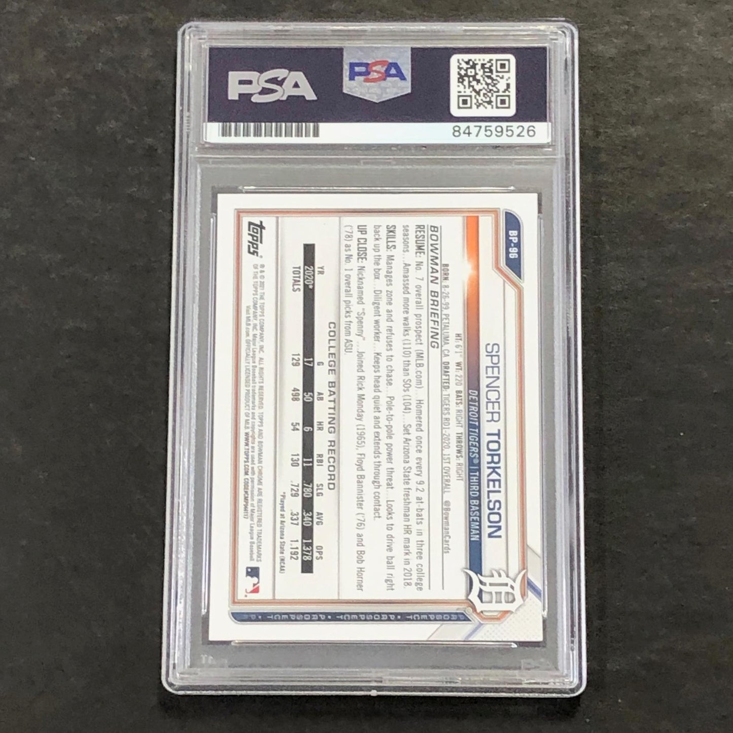 2021 Topps Bowman #BP-96 Spencer Torkelson signed Card Slabbed PSA/DNA Tigers Au