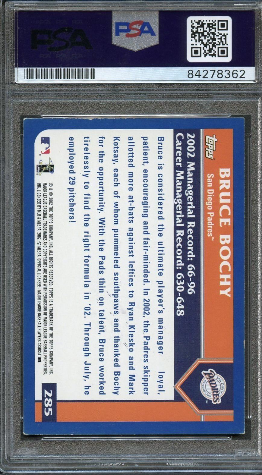 2002 Topps Score #285 Bruce Bochy Signed Card PSA Slabbed Auto Padres