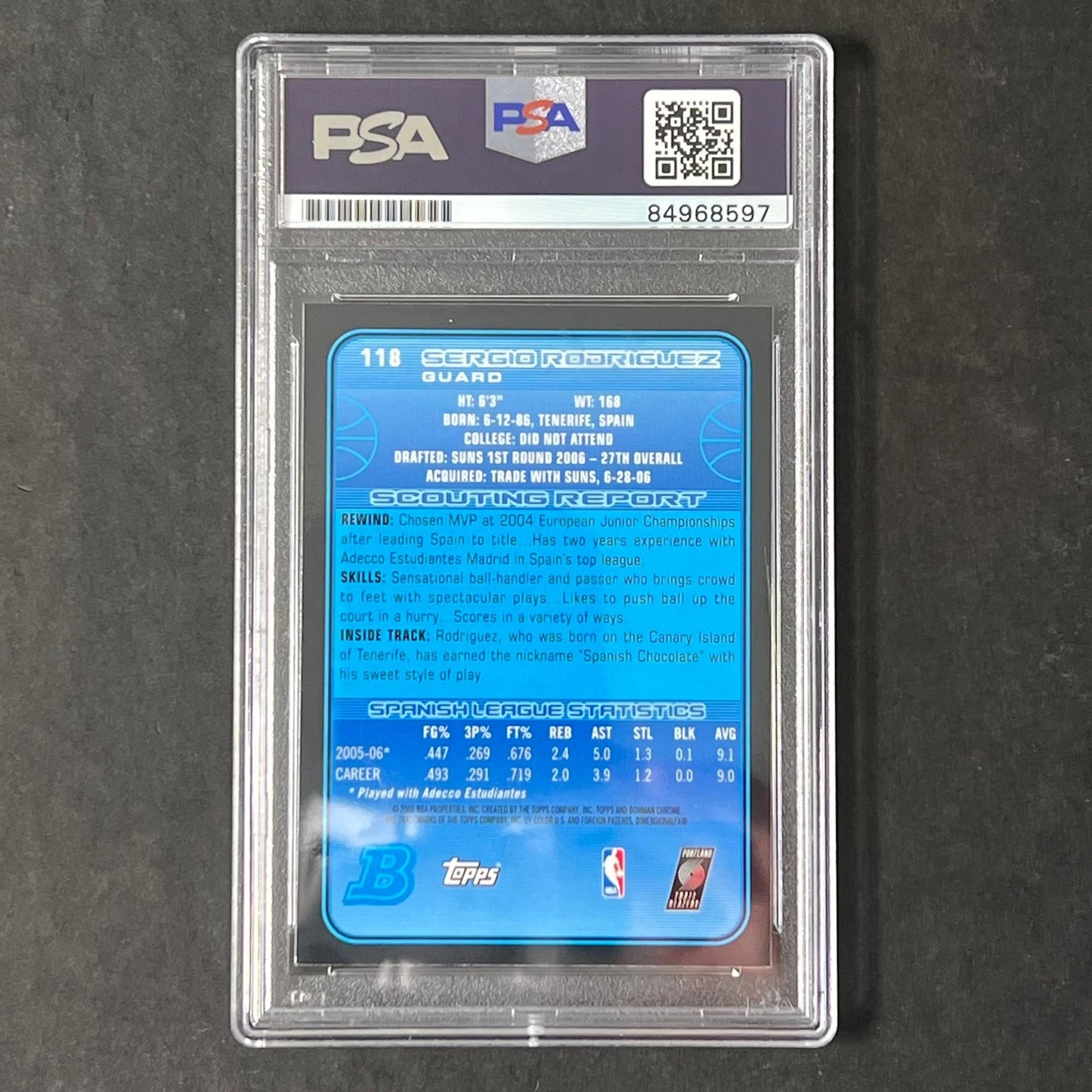 2006-07 Bowman Chrome #118 Sergio Rodriguez Signed Card AUTO PSA Slabbed Trail B