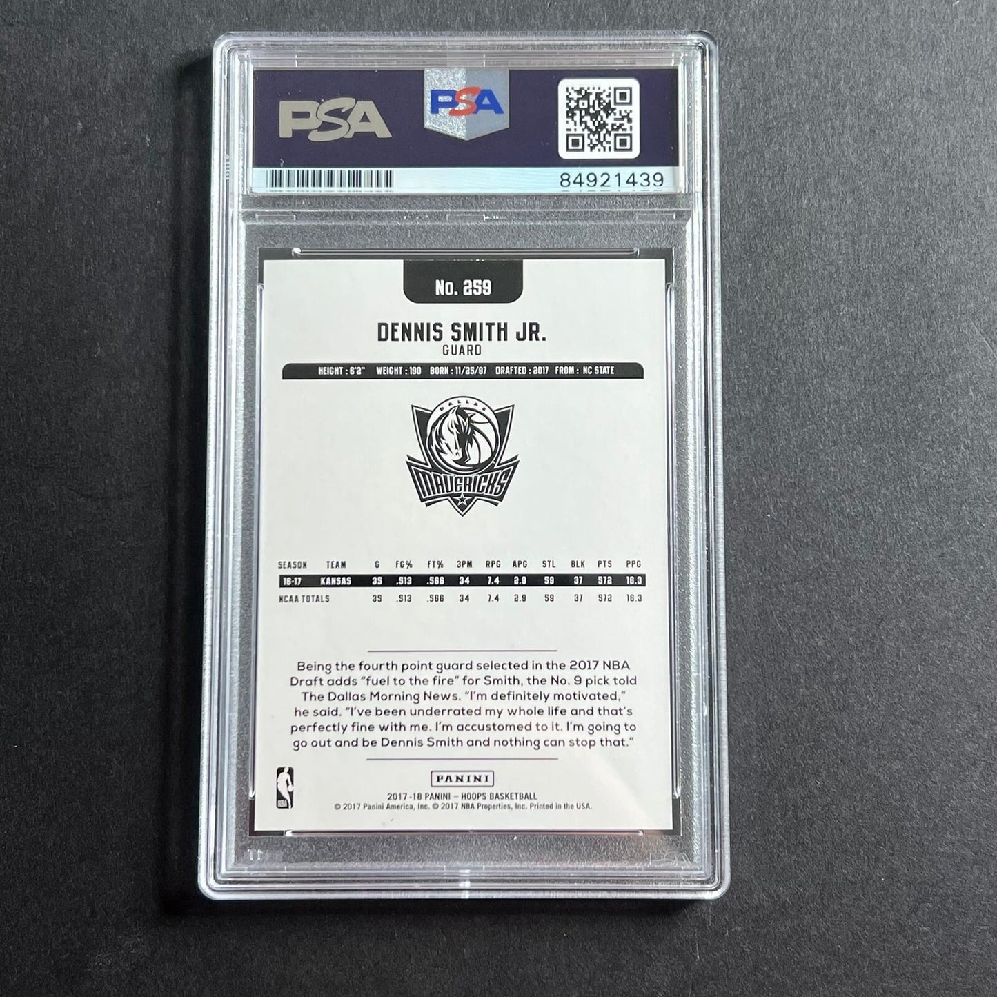 2017-18 Panini NBA Hoops #259 Dennis Smith Jr. Signed Card AUTO 10 PSA Slabbed M