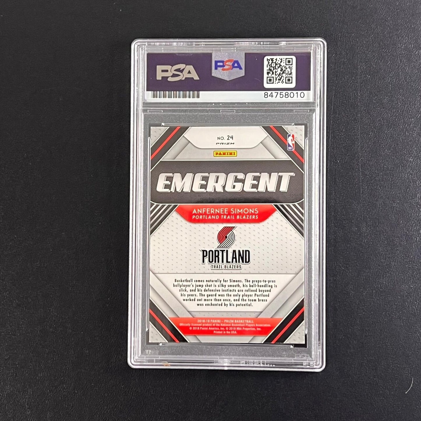 2018-19 Panini Prizm Emergence #24 ANFERNEE SIMONS Signed Card AUTO 10 PSA Slabb