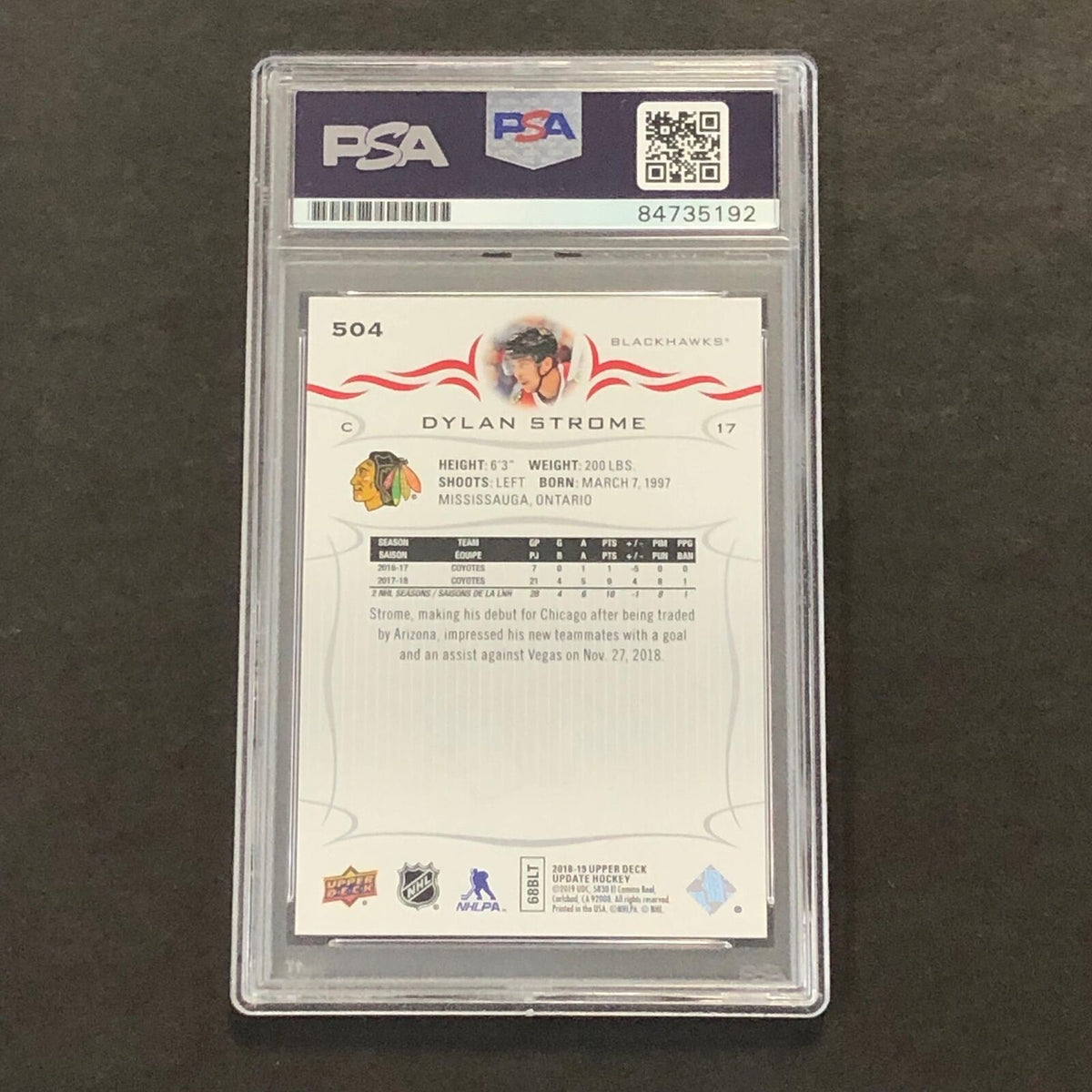 2018-19 Upper Deck Update #504 Dylan Strome Signed Card AUTO PSA slabbed Blackha