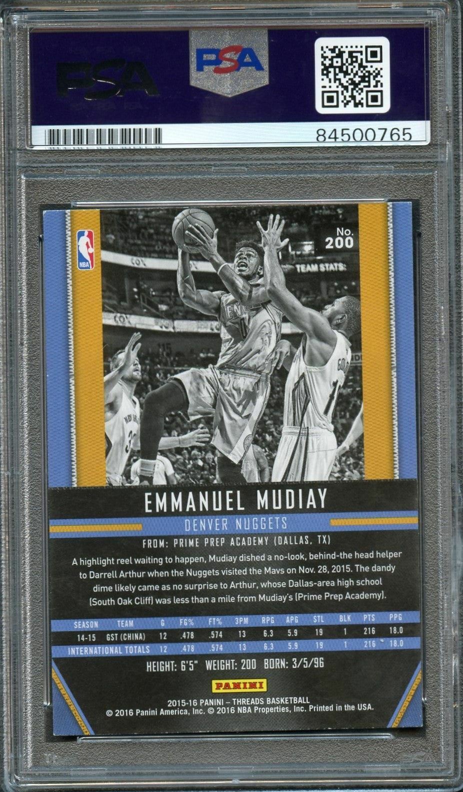 2015-16 Panini Threads #200 Emmanuel Mudiay Signed Rookie Card AUTO 10 PSA Slabb