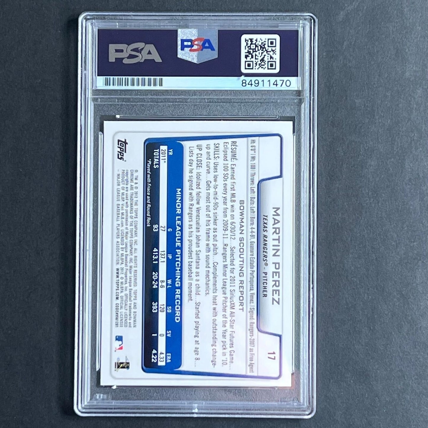 2012 Topps Bowman Chrome #17 Martin Perez Signed Card PSA AUTO 10 Slabbed RC Ran