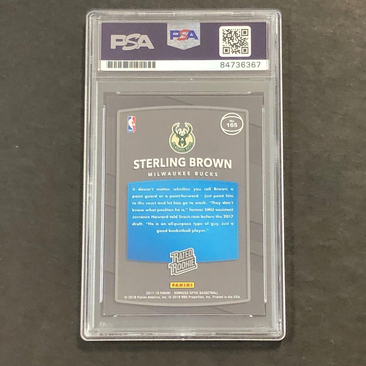 2017-18 Panini Optic Rated Rookie #165 Sterling Brown Signed Card PSA/DNA Slabbe