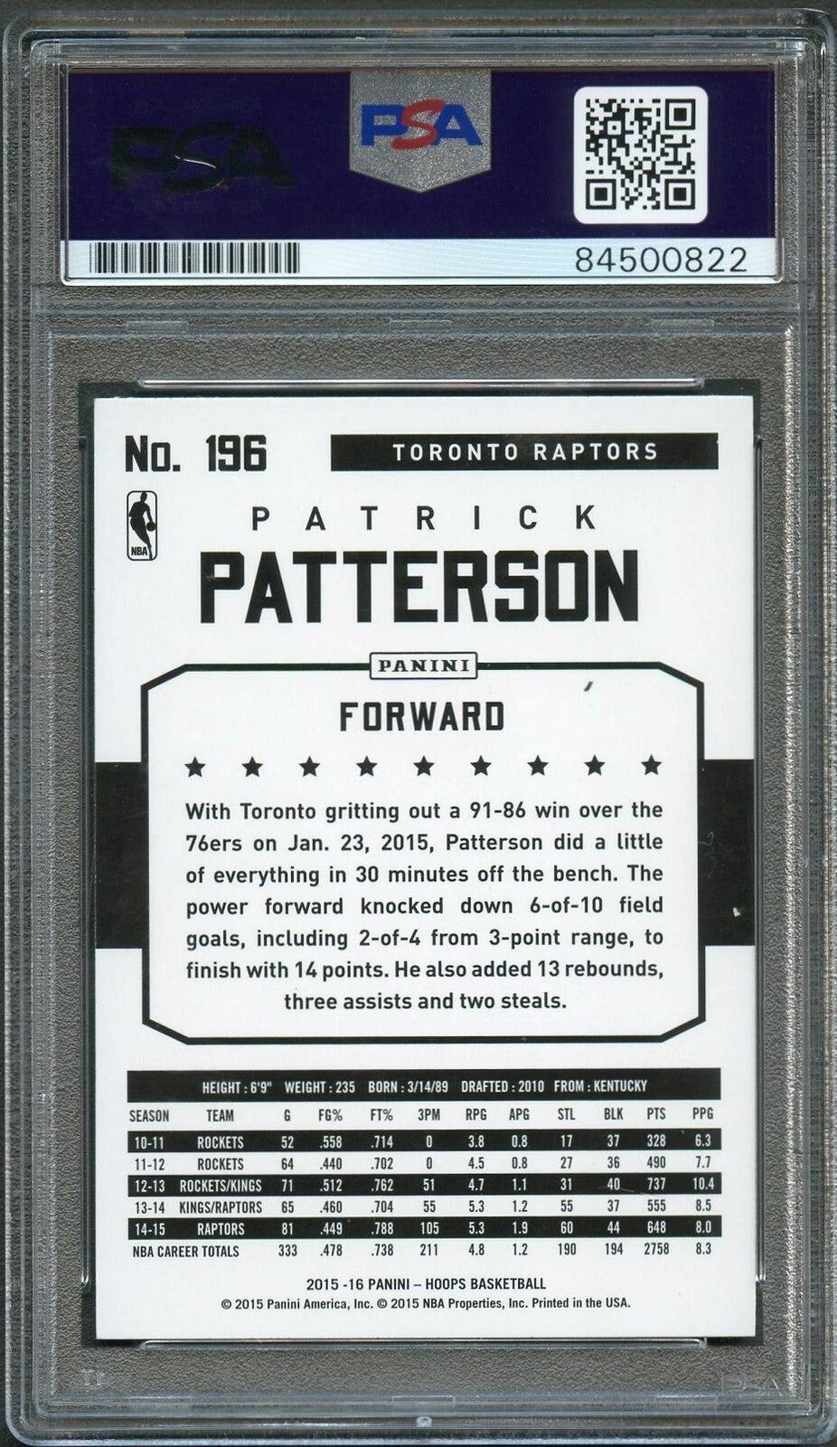 2015-16 NBA Hoops #196 Patrick Patterson Signed Card AUTO 10 PSA Slabbed Raptors