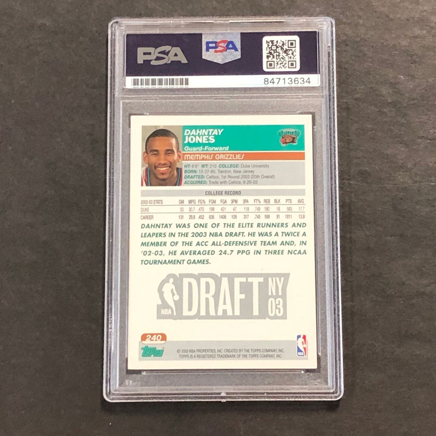 2003-04 Topps Rookie Card #240 Dahntay Jones Signed Card AUTO PSA Slabbed Grizzl