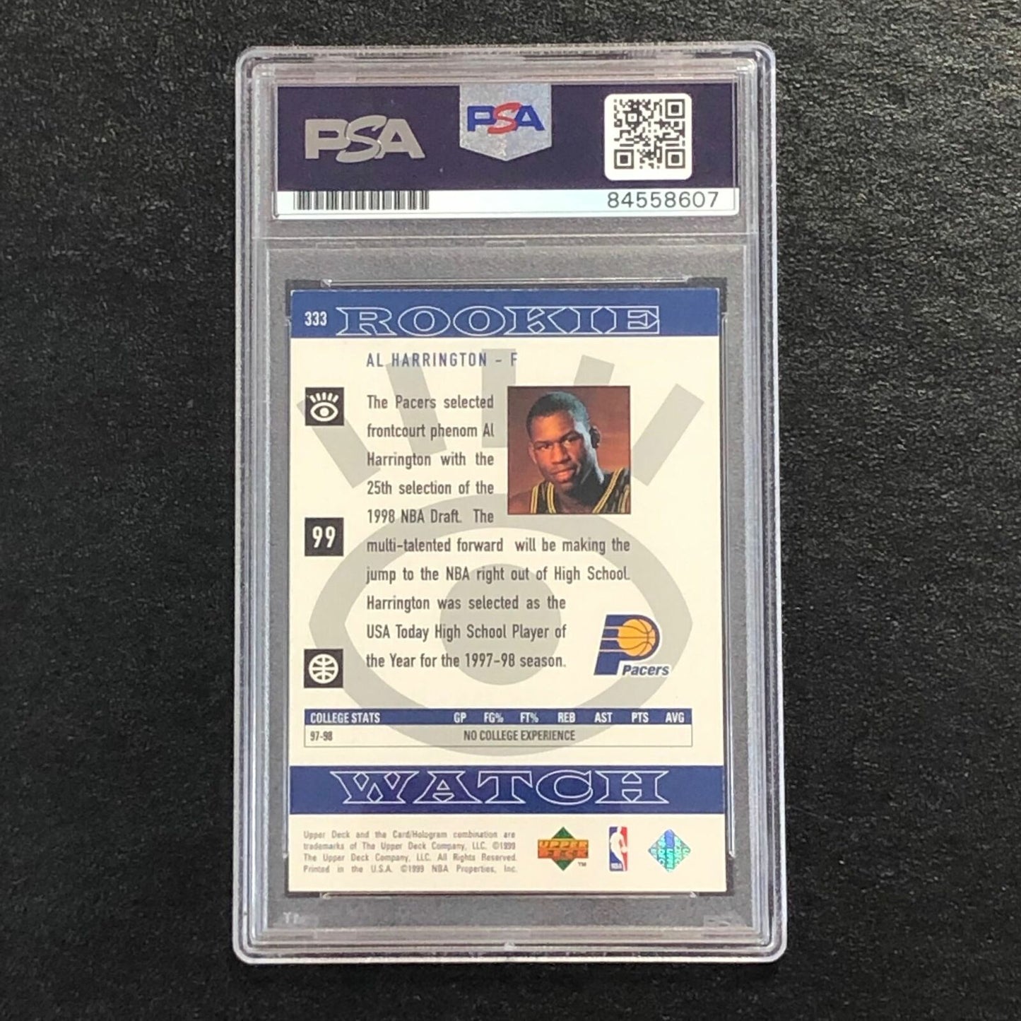 1999 Upper Deck Rookie Watch #134 Al Harrington Signed Card AUTO PSA Slabbed Pac