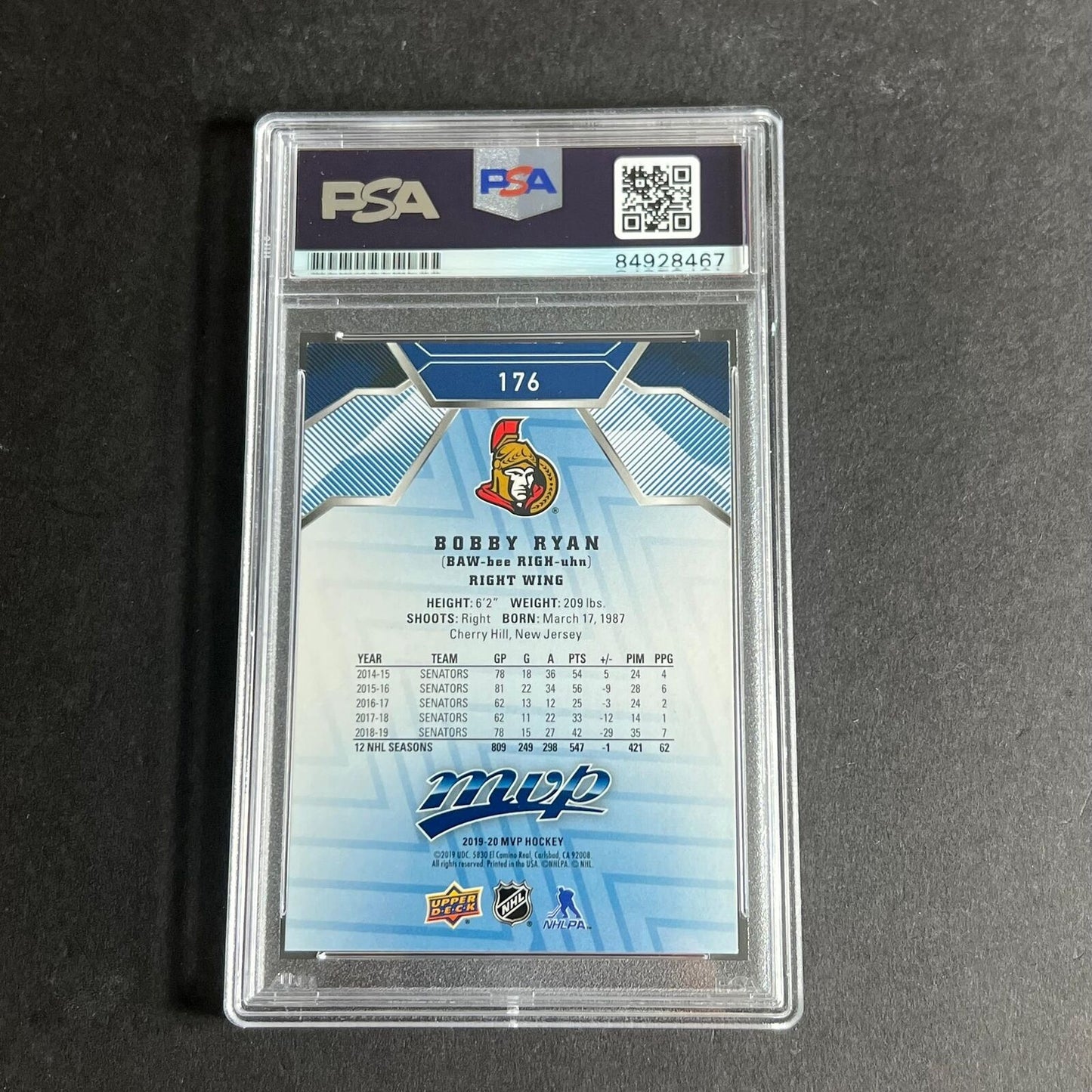 2019-20 Upper Deck MVP Hockey #176 Bobby Ryan Signed Card AUTO PSA Slabbed Senat