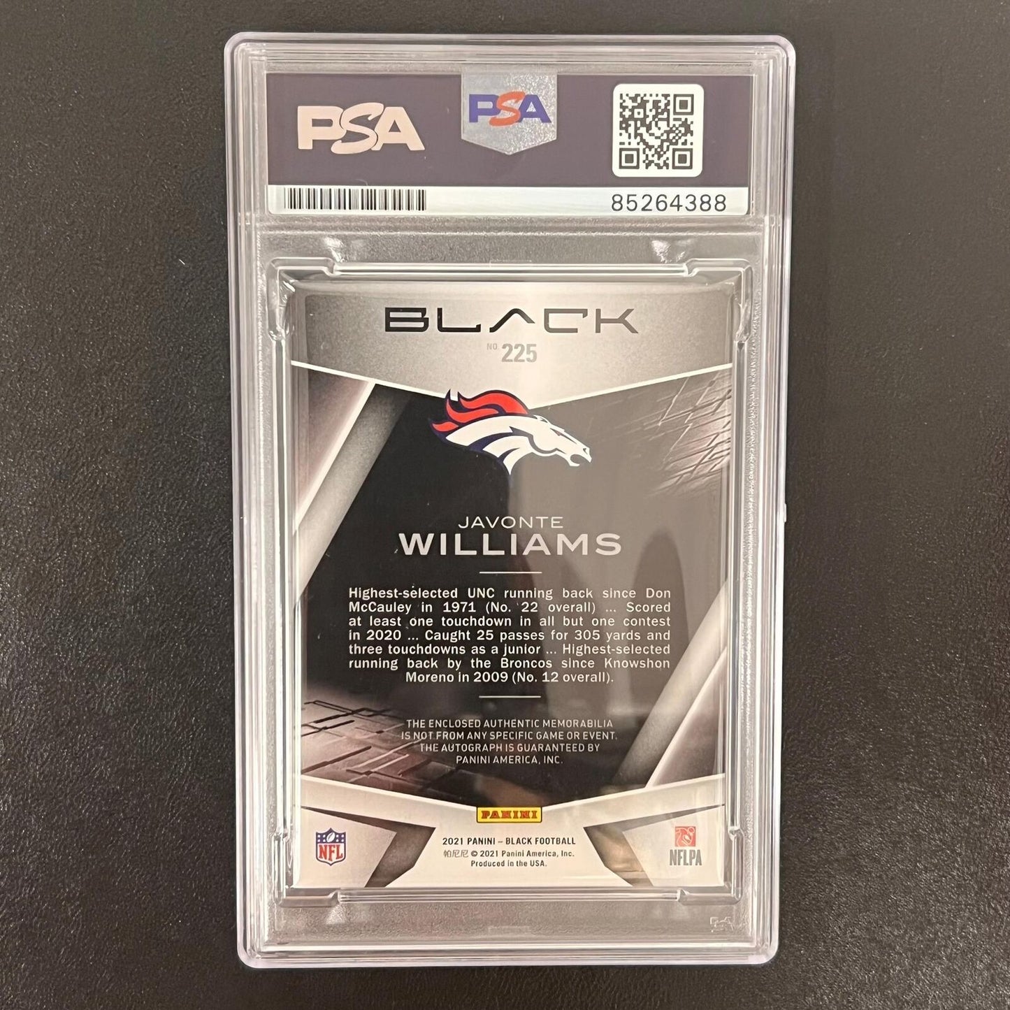 2021 Panini Black #225 Javonte Williams Signed Card AUTO PSA slabbed Denver Bron