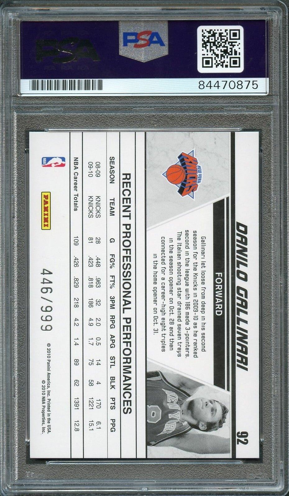 2010-11 Donruss Production Line #92 Danilo Gallinari Signed Card AUTO 10 PSA Sla