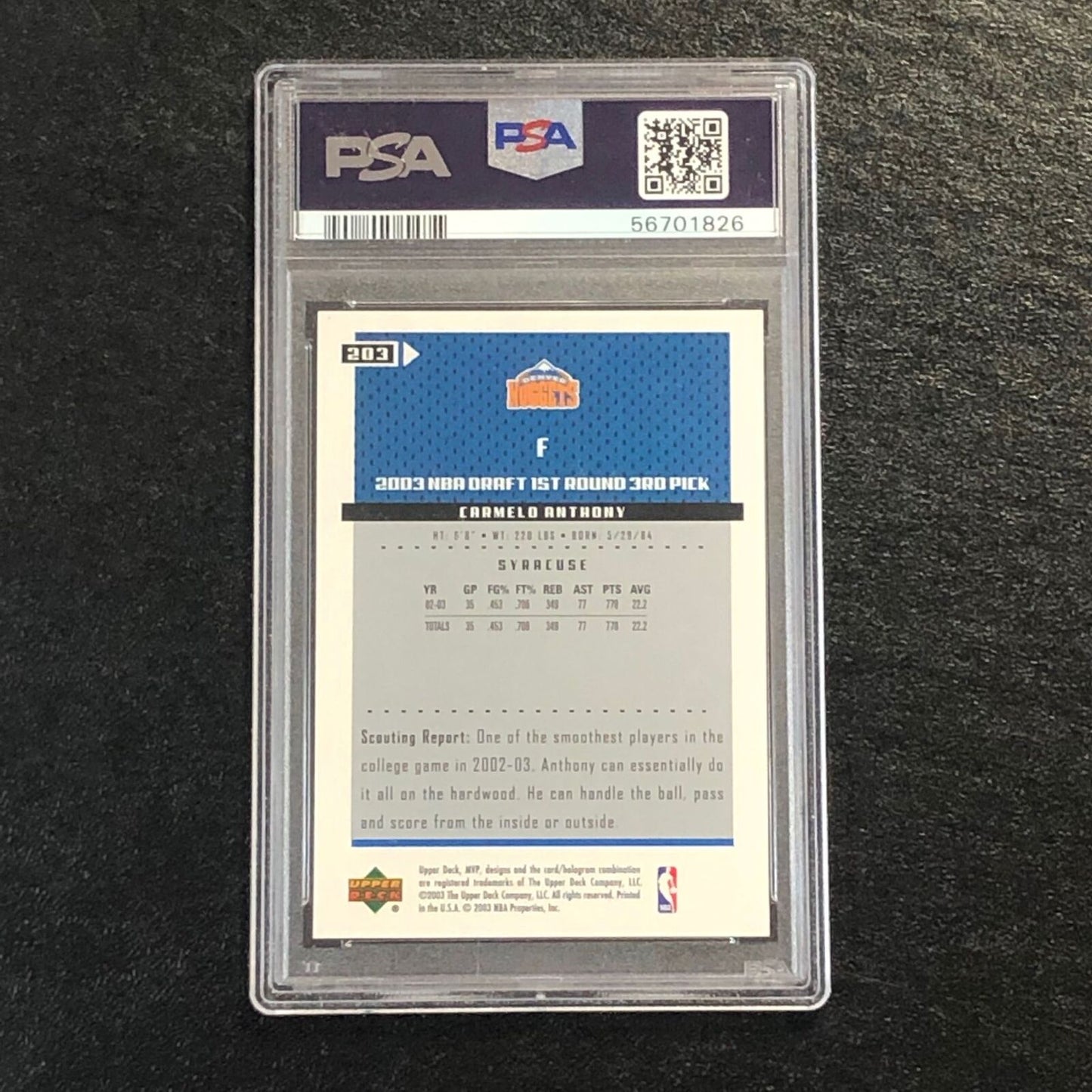 2003 Upper Deck MVP #203 Carmelo Anthony PSA 10 GEM MT RC Nuggets