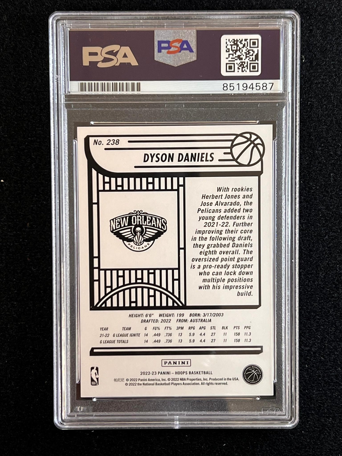 2022-2023 Panini Hoops #238 Dyson Daniels Signed Card AUTO 10 PSA/DNA Slabbed RC