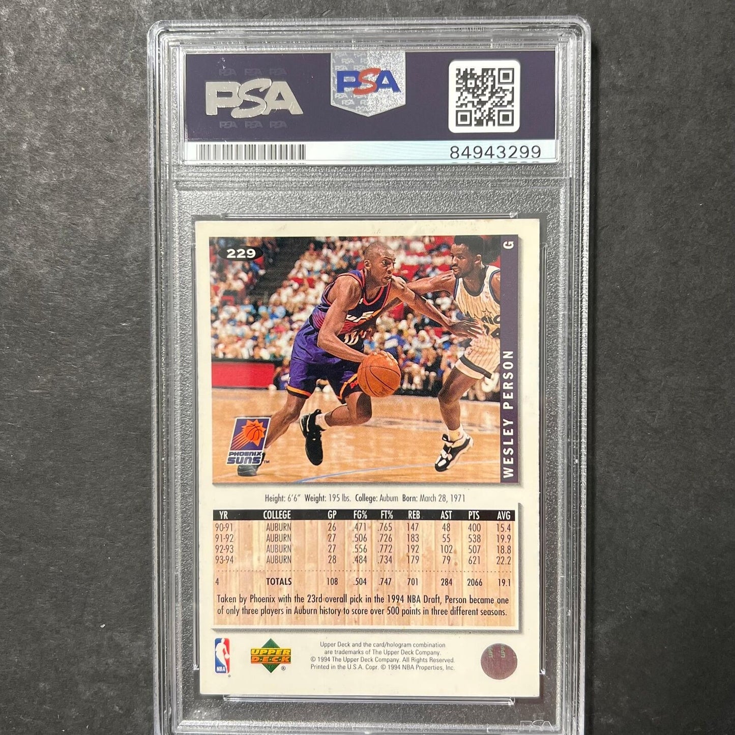 1994 Upper Deck #229 Wesley Person Signed Card AUTO PSA Slabbed Suns