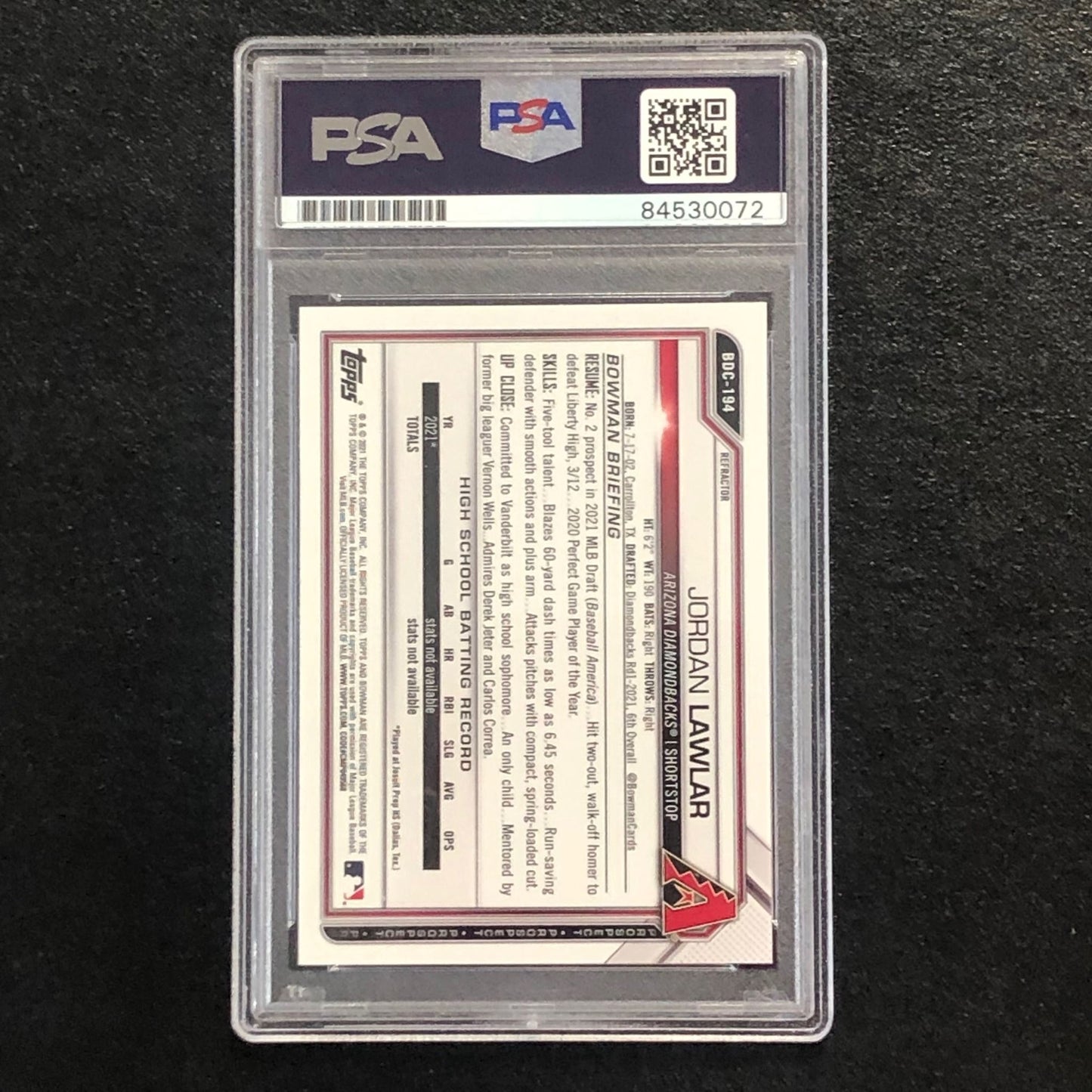 2021 Bowman Chrome Refractor #BDC-194 Jordan Lawlar Signed PSA Auto 10 RC