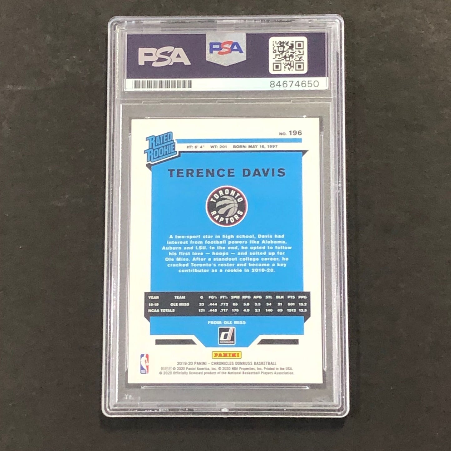 2019-20 DonRuss Rated Rookie #196 Terence Davis Signed Card AUTO 10 PSA Slabbed