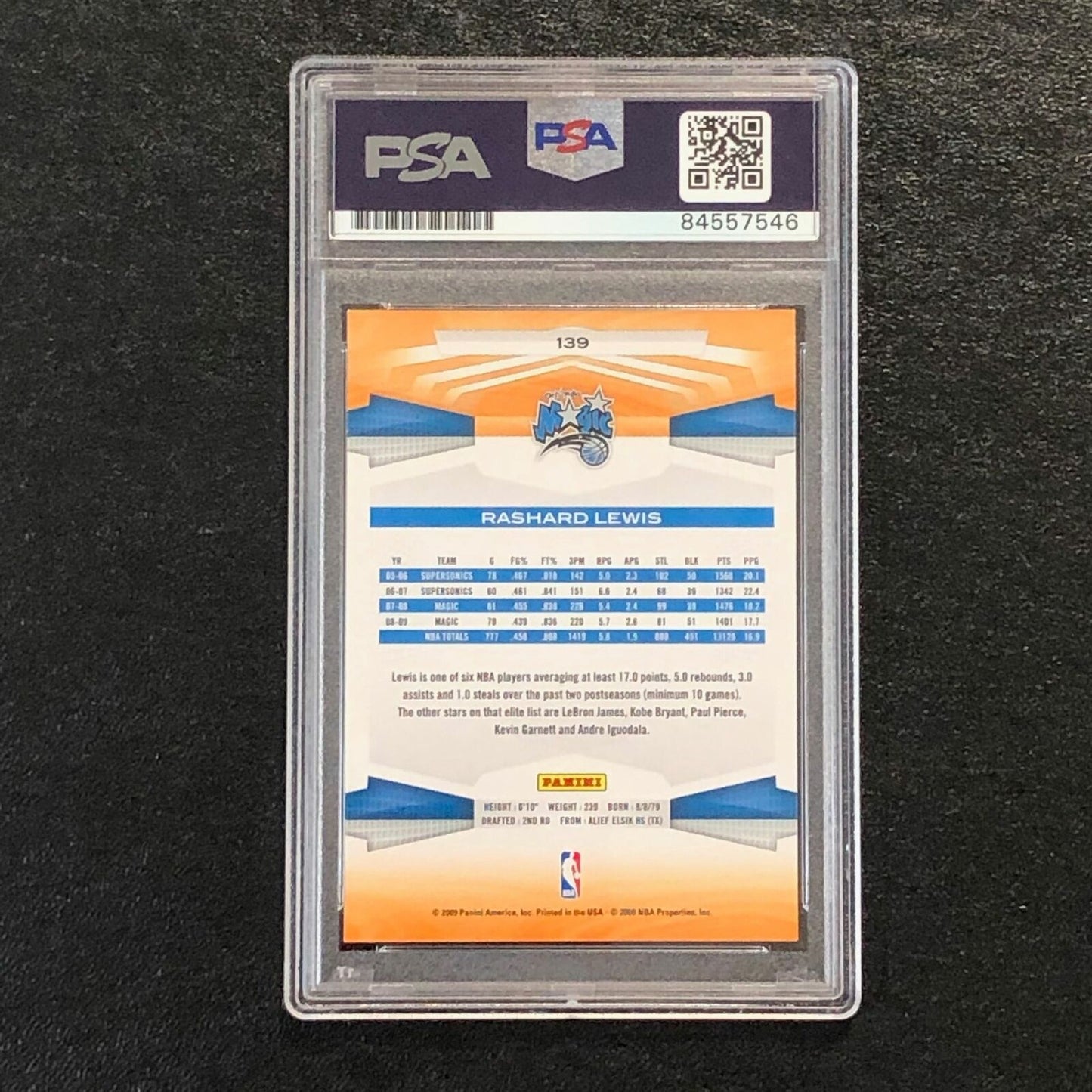2009-10 Panini #139 Rashard Lewis Signed Card AUTO 10 PSA/DNA Slabbed Magic
