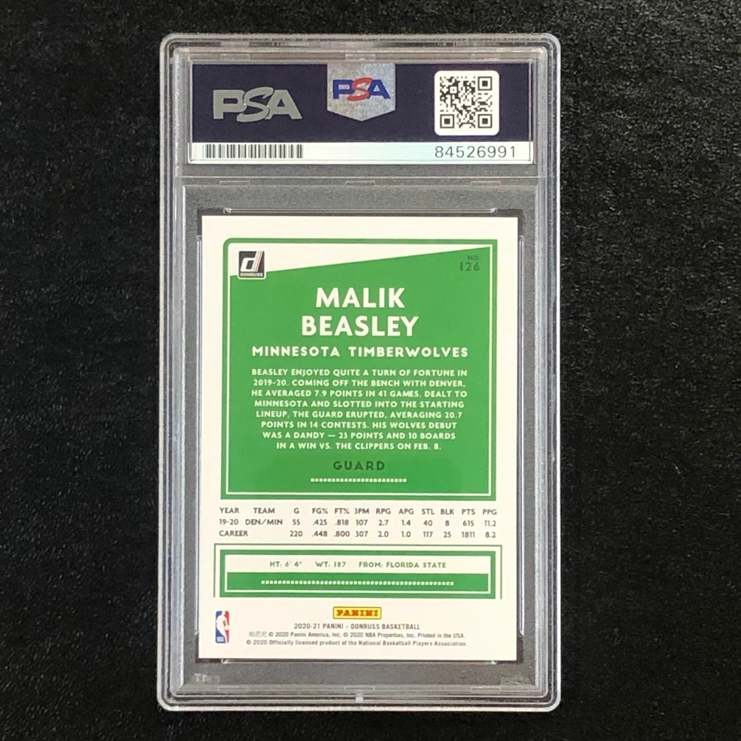 2020-21 Panini Donruss #126 Malik Beasley Signed Card AUTO PSA/DNA Slabbed Timbe