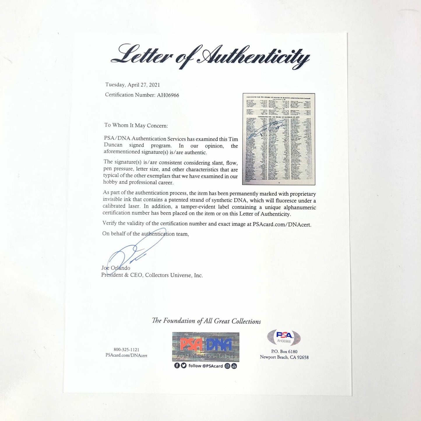 Tim Duncan Signed Wake Forest Graduation Program PSA/DNA LOA Spurs Autographed