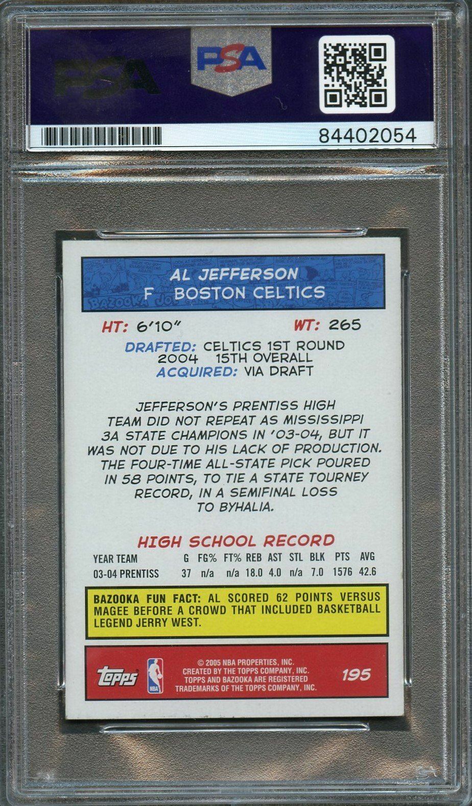 2004-05 Topps Bazooka #195 Al Jefferson Signed Rookie Card AUTO PSA Slabbed RC C