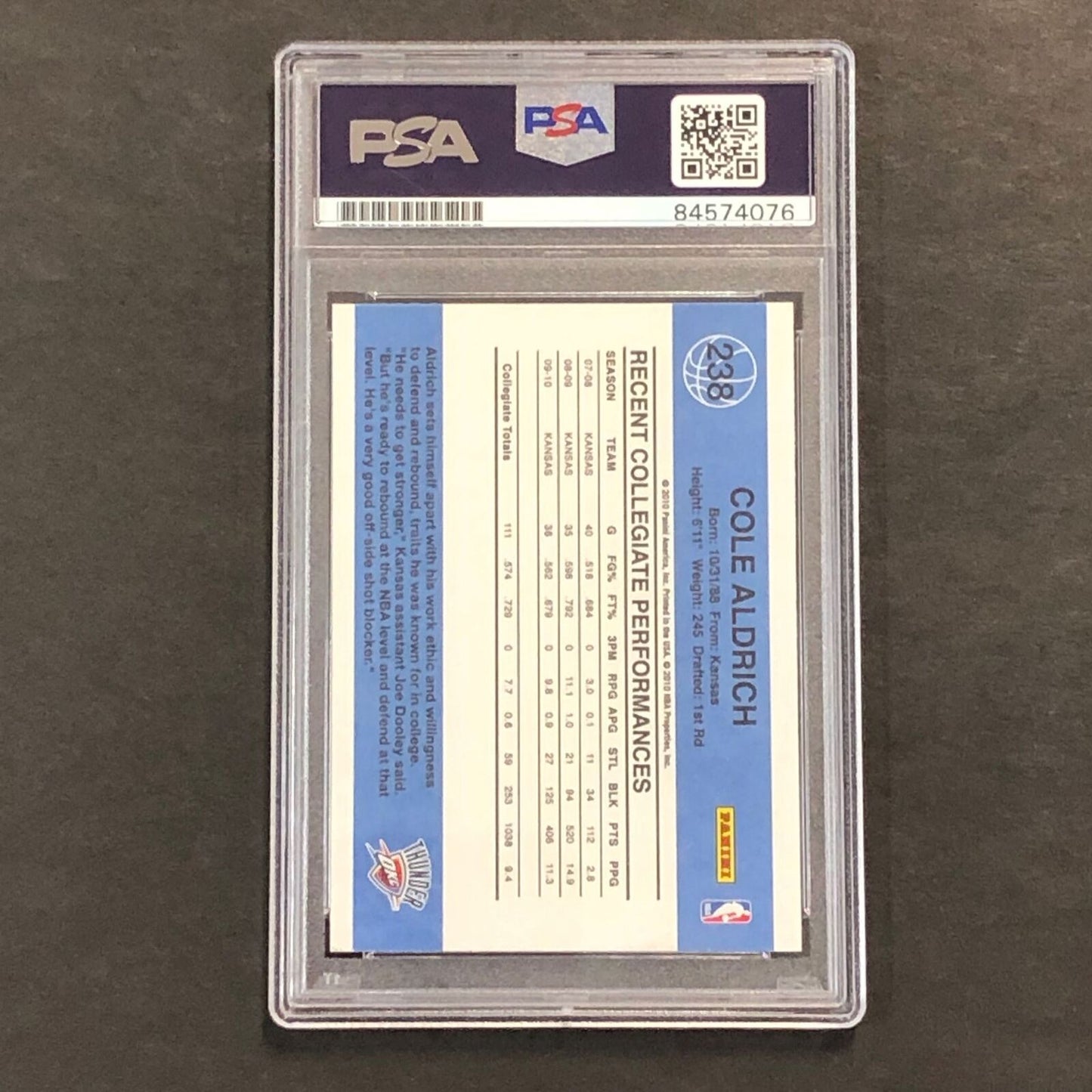 2010-11 Donruss Rated Rookie #238 Cole Aldrich Signed Card AUTO PSA Slabbed RC T