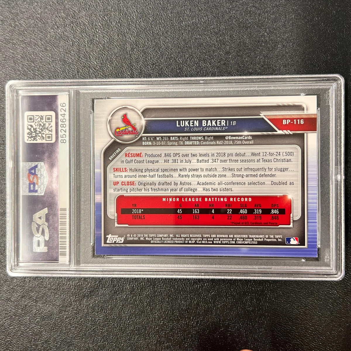 2019 Topps Bowman #BP-116 Luken Baker Signed Card PSA/DNA AUTO 10 Slabbed St. Lo