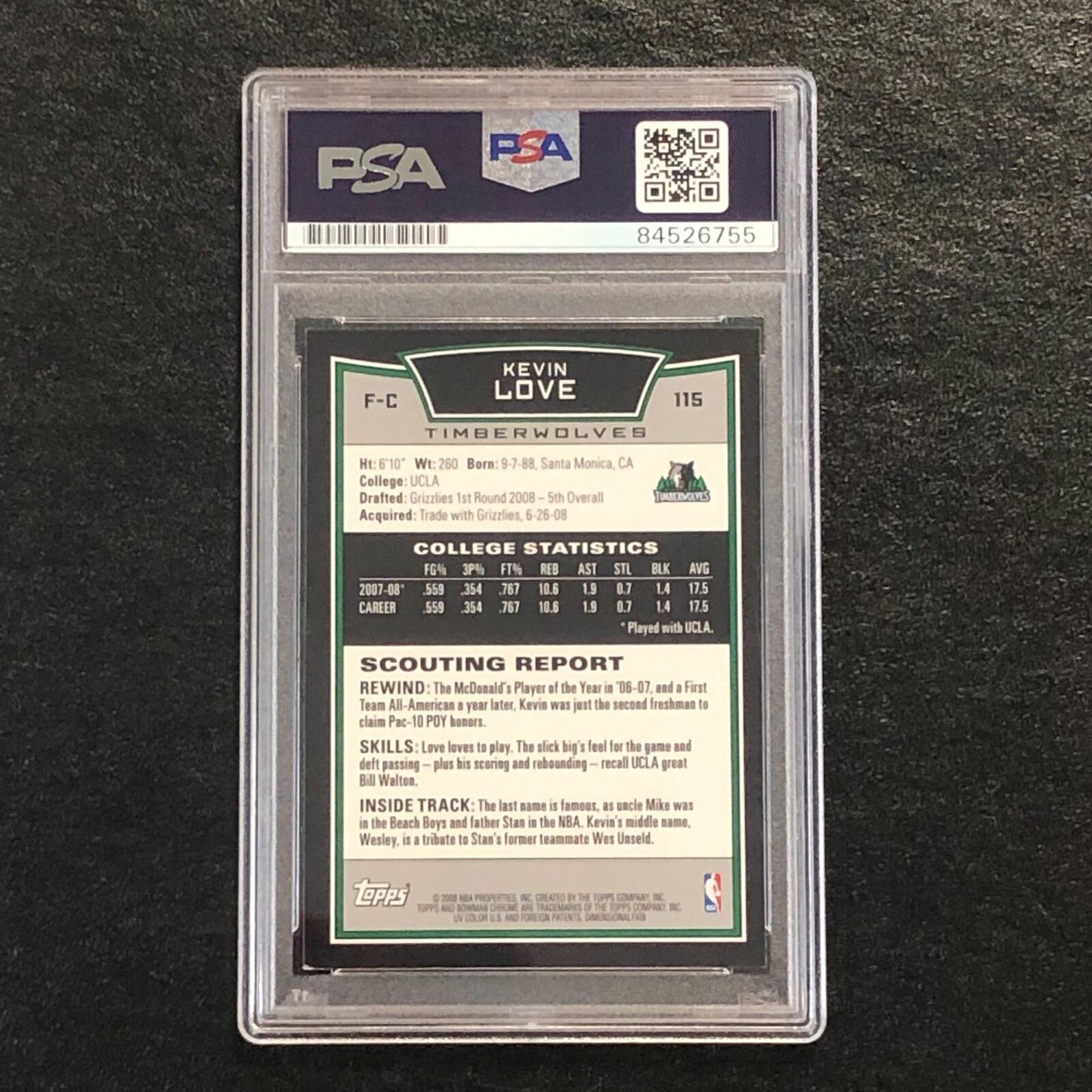 2008-09 Bowman Chrome #115 Kevin Love Signed Card AUTO PSA Slabbed RC Timberwolv
