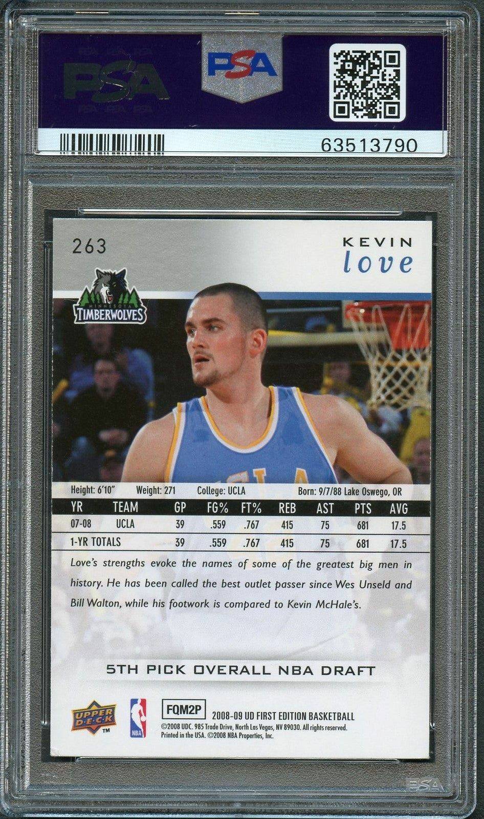 2008 First Edition Basketball Upper Deck #263 Kevin Love Signed Card AUTO PSA Sl