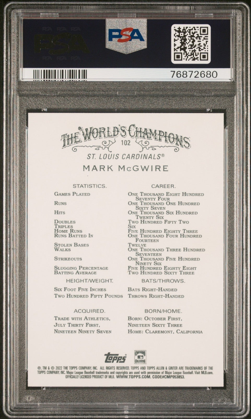 2022 Topps Allen & Ginter #102 Mark Mcgwire PSA A Auto 10