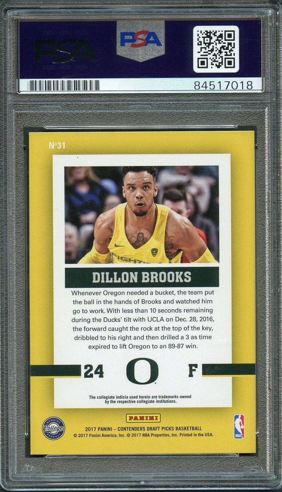 2017-18 Contenders Draft Picks School Colors #31 Dillon Brooks Signed Card AUTO