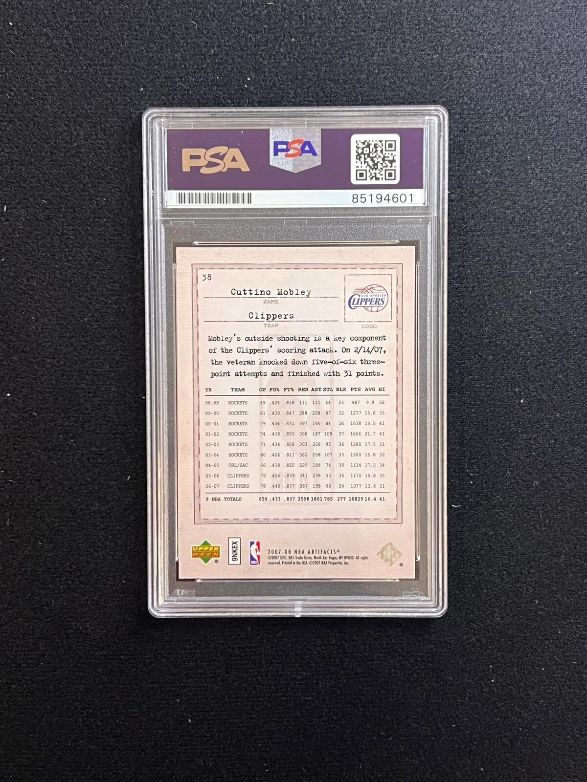 2007-08 Upper Deck NBA Artifacts #38 Cuttino Mobley Signed Card AUTO 10 PSA Slab